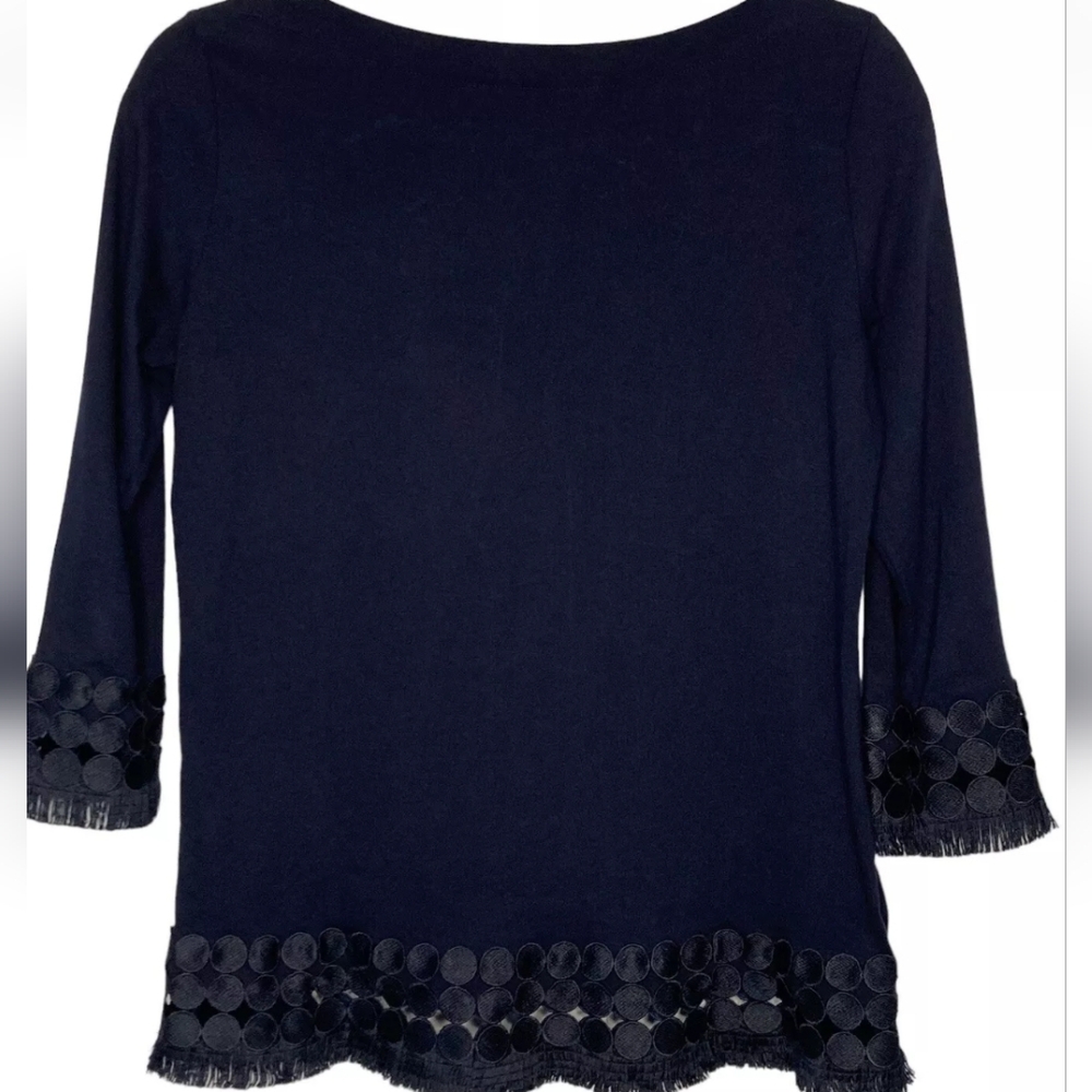 Talbots Pima Cotton 3/4 Sleeve Navy Blue Lace Patchwork Blouse XL